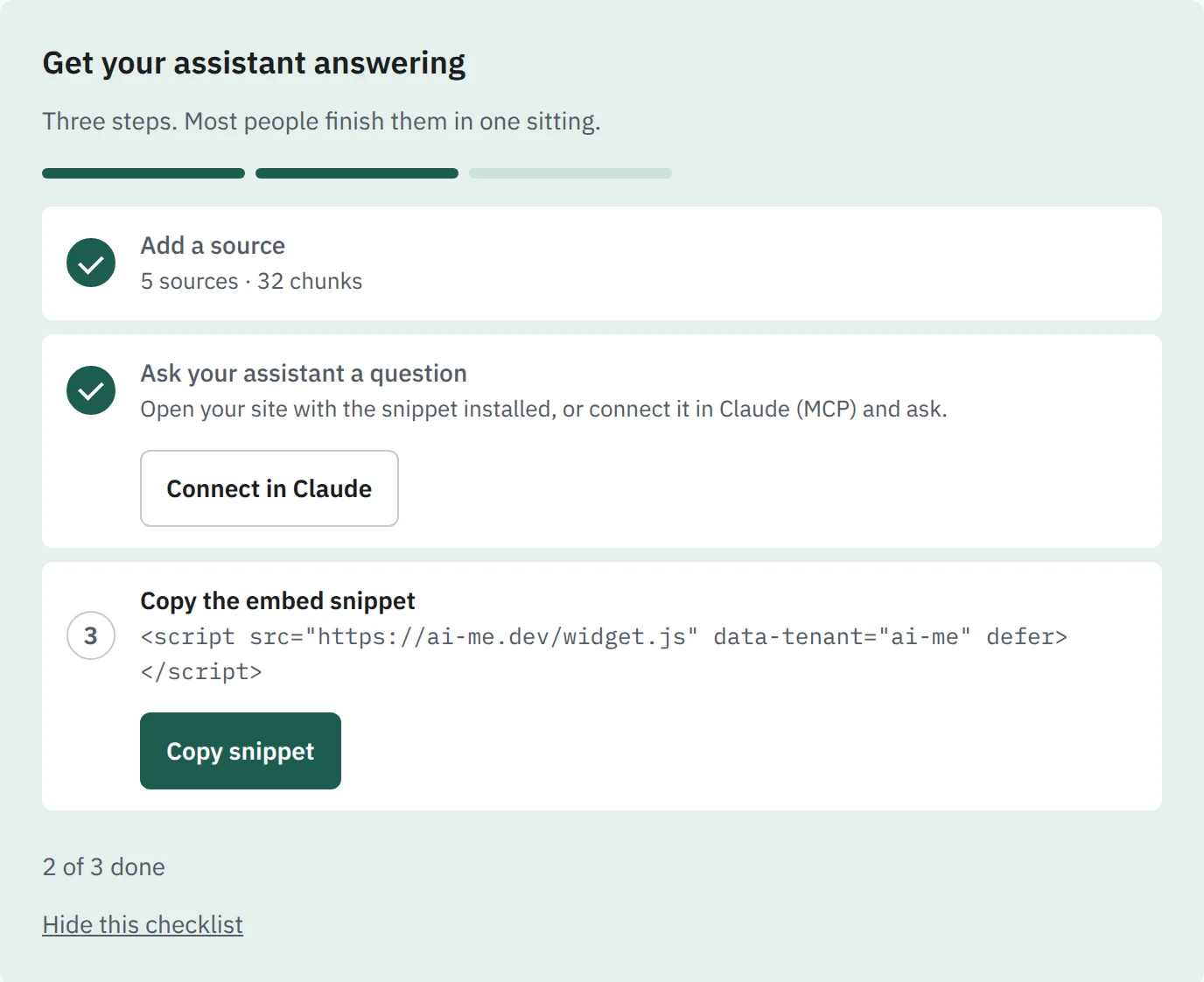 The setup checklist in the ai-me admin: add knowledge, embed the widget, ask a first question, each one ticked.
